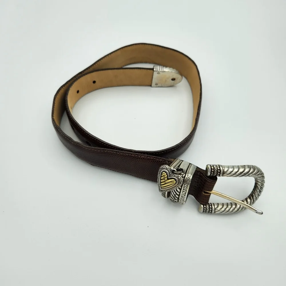Vintage‎ Brighton Brown Leather Belt Silver Heart Charm Buckle Western Y2K